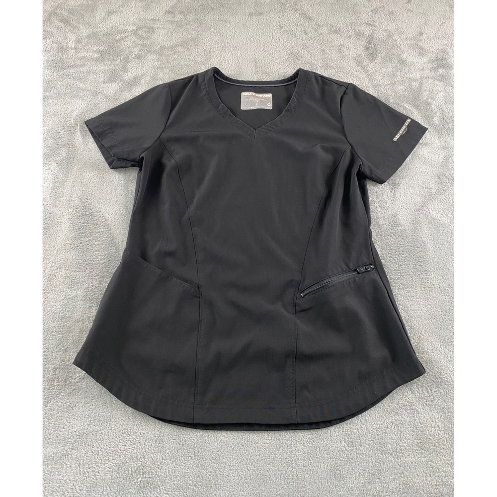 Skechers by Barco Womens Black V-Neck Scrub‎ Top Size S Short Sleeve 3 Pocket